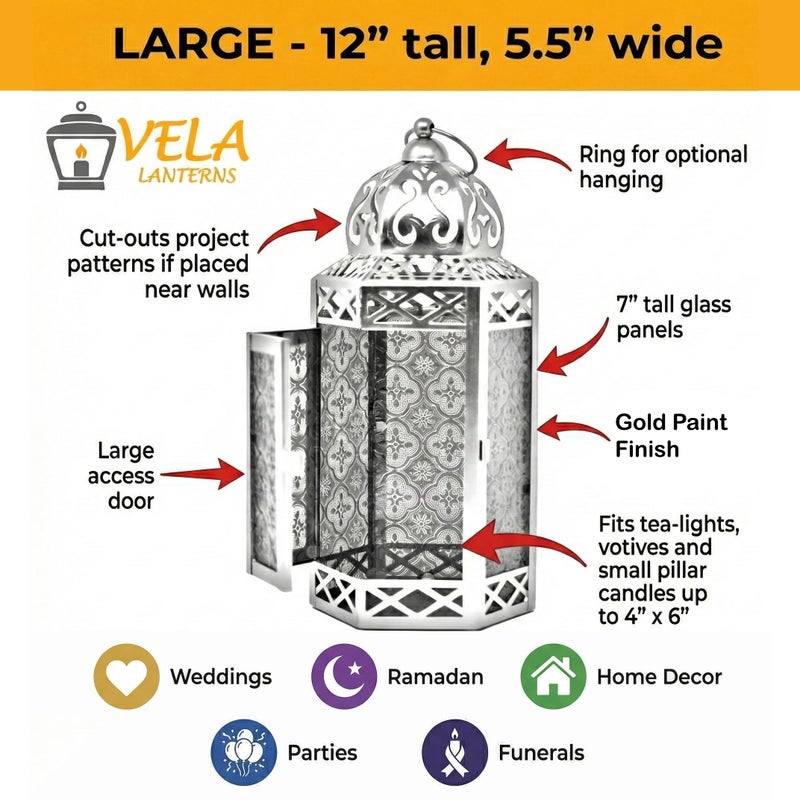 VELA LANTERNS 12" Gold Metal Moroccan Decorative Candle Lantern Holder for Hanging or Table Centerpieces, Exotic Indoor Home Decor, Outdoor Patio or Porch, Weddings, Ramadan, Blue Glass, Large - Image 3